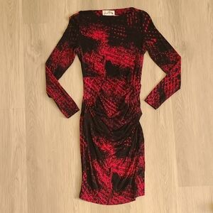 Joseph Ribkoff Dress Unique Abstract Art Black Pink Ruched Boat Neck 4 Stretchy